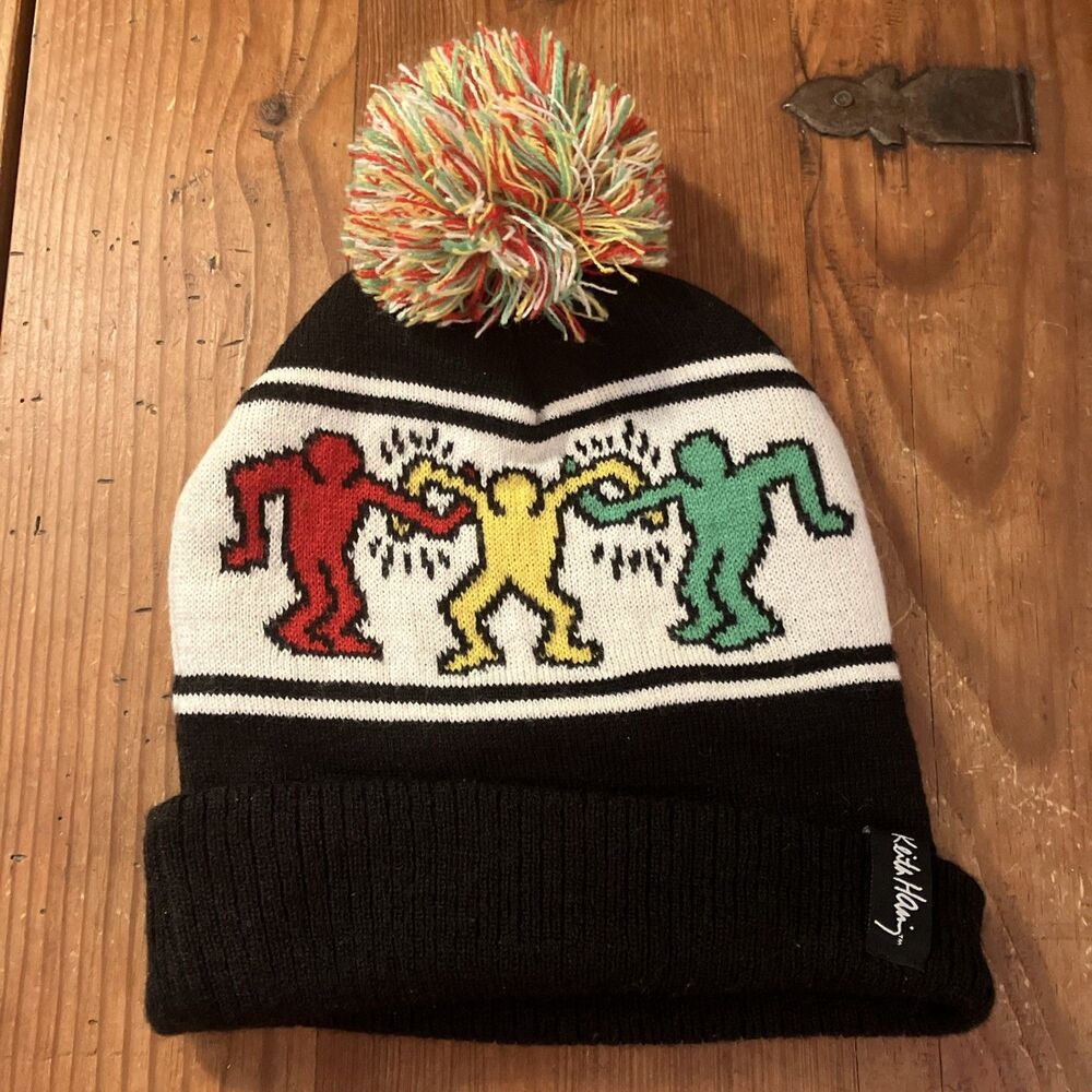 Keith Haring Winter Ski Hat Beanie Adult One Size Acrylic w/ Pom